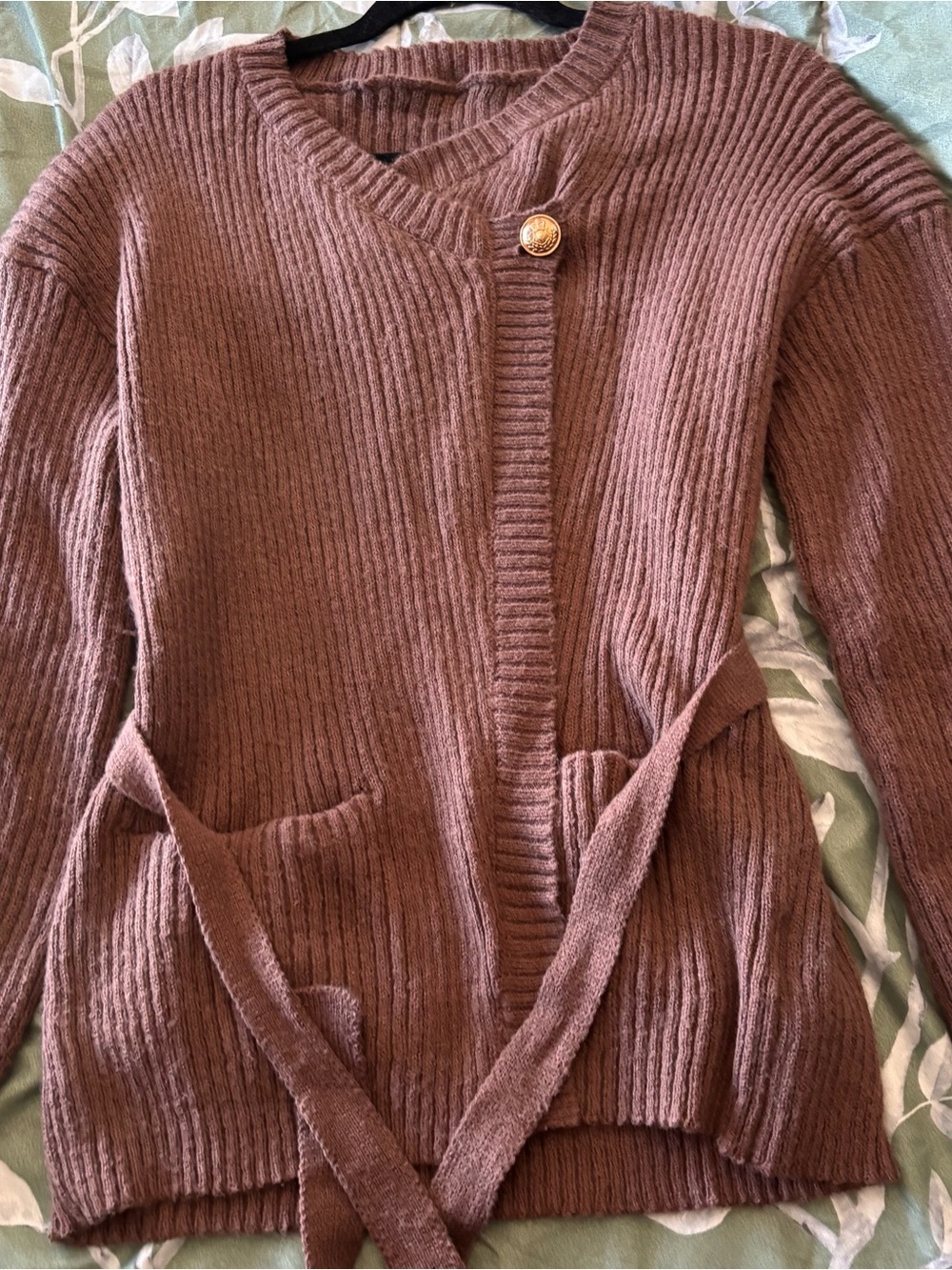 Ribbed Wrap Cardigan Sweater - Mauve Brown